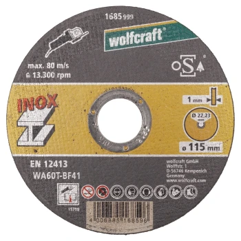Tarcza korundowa 115x1 do cięcia stali nierdzewnej 10 sztuk, WOLFCRAFT 8462000