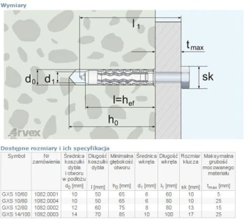 DYBEL IVERSALNY WKRĘT ŁEB SZEŚCIOKĄTNY GXS 10/60MM UN AR 1082.0001