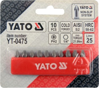 GROTY ŚRUBOKRĘTOWE, BIT, KOŃCÓWK PH2 25MM ZESTAW 10-SZTUKOWY YATO YT-0475