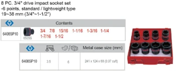 KOMPLET NASADEK UDAROWYCH 3/4" 8cz. KR. 6K. CALOWE 3/4-1.1/2" KING TONY KT6408SP10