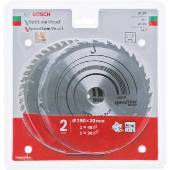 PIŁA TARCZOWA DWUPAK OPTILINE WOOD 190x2,6/1,6x30x48z + SPEEDLINE WOOD 190x2,4/1,8x30x24z BOSCH B2608644654
