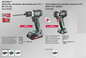 ZESTAW COMBO 18V WKRĘTARKA BS 18 L BL + KLUCZ SSW 18 LT 300 BL 2x2,0 1x4,0Ah METABO METPL2220091